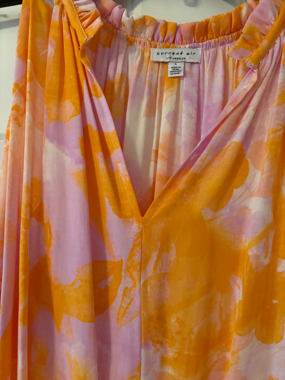 Anthropologie Pink & Orange Ruffled V-Neck Tiered Dress - Picture 5 of 9